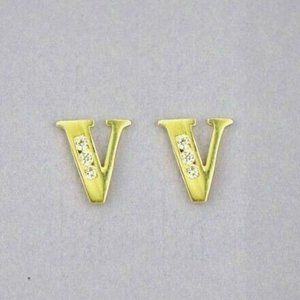 Solid 14k Yellow Gold Initial Letters Stud Earrings Sparkling White Stones V